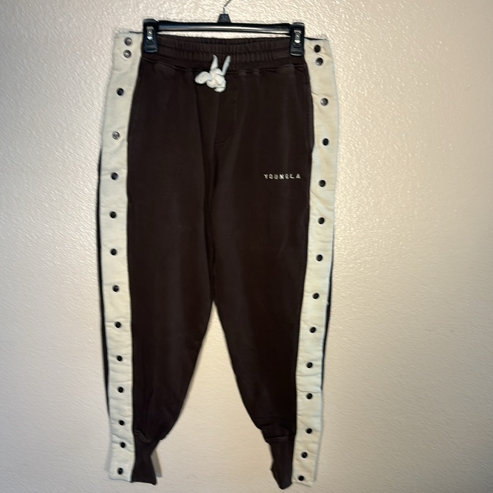 YoungLA Brown Joggers with White Snap-Side Stripes (Size XL)